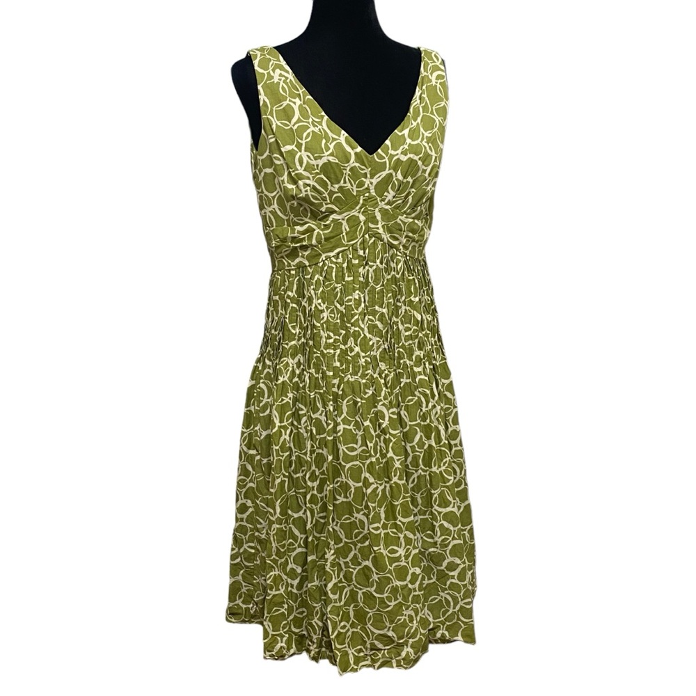 Maggy Boutique Green Cream Fit And Flare Pleated Drop Waist Dress Size 10